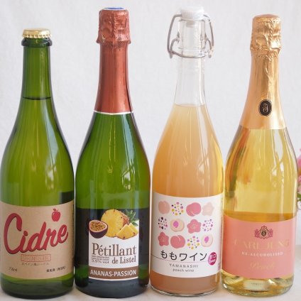 果物ワイン4本セット(アデカ ももワイン甘口 5度(千葉県) ペティアン ド リステル（ パイナップル＆パッションフルーツ）3.5度(フランス) シードル ストロングサワー6度(長野県) カールユング ピーチ ノンアルコールスパークリング(ドイツ)) 7