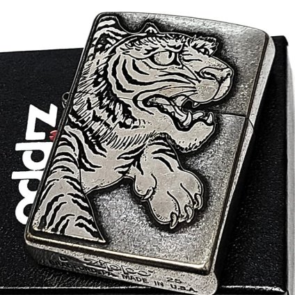 ZIPPO 守護虎 大型メタル貼り タイガー 和柄 クロームイブシバレル 銀 ライター 虎 縁起物 ジッポ アンティーシルバー  日本 おしゃれ 虎彫刻 かっこいい 渋い ギフト メンズ プレゼント