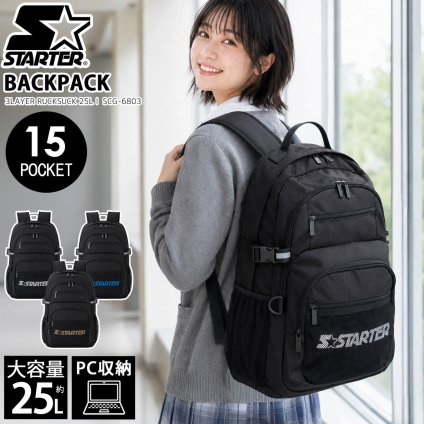 STARTER スターター リュック 大容量 25L 軽量 3層式 PC収納 a4 レディース メンズ 学生 高校生 通勤 通学 新生活 入学準備 ブランド ロゴ スクールリュック スポーツリュック アウトドア 旅行 黒 2026fw