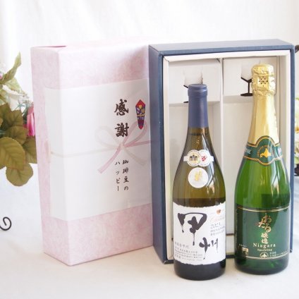 感謝の贈り物ボックス 山梨県甲州種ぶどう100%使用白ワインと国産ワインセット(おたる醸造 ナイアガラス白パークリングワインやや甘口(北海道)720mlシャンモリ柑橘香御坂甲州白ワイン(山梨県)750ml
