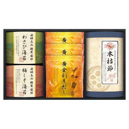 実りの秋の贈り物 飛騨高山「椿屋」監修 特選海苔&和味詰合せ 黄金割烹だしパック（8g）･本枯れ鰹節（2g）×各3、飛騨高山椿屋監修わさび海苔･飛騨高山椿屋監修梅しそ海苔（各8切6枚）×各1