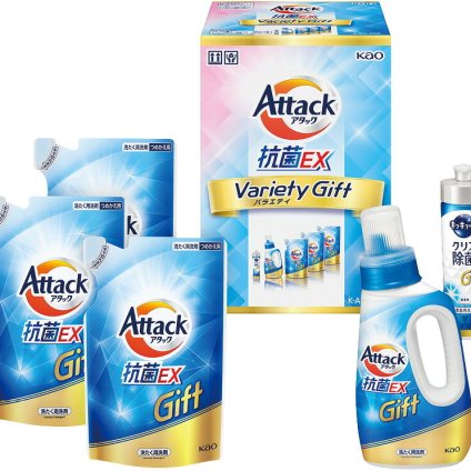 夏の贈り物お中元 アタック抗菌EX バラエティーギフト 花王 アタック抗菌EX詰替用（590g）×3、アタック抗菌EX（750g）･キュキュットクリア除菌（220ml）×各1