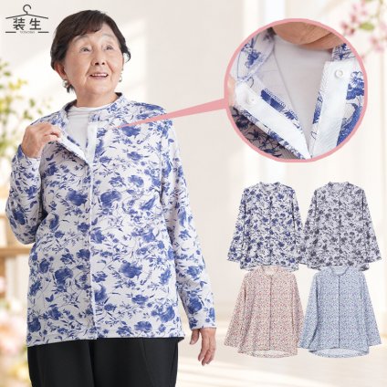 シニアファッション レディース 80代 70代 60代 90代 春夏秋冬 [装生] 日本製 乾燥機対応 ちりめん 花柄 スナップボタン 前開き ブラウス おばあちゃん 服 誕生日 プレゼント 婦人服 女性 ハイミセス ミセス 祖母 お年寄り 老人 高齢者（csf-ft4-yi0122）