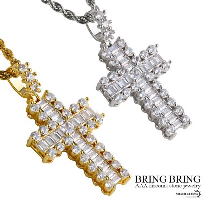 パヴェ CZ 爪留め クロス パイプロープ チェーン ネックレス 18K GP gold silver イエローゴールド シルバー 金色 銀色 十字架 キラキラ AAA ジルコニア 宝石 模造 ダイヤモンド B系 HIP HOP ブリンブリン ペンダント