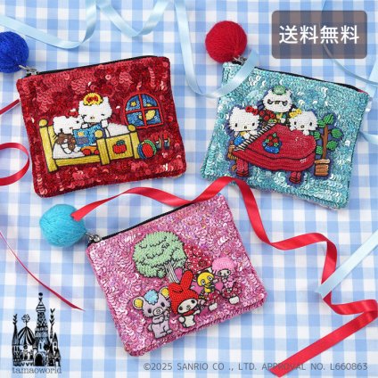  タマオワールド スパンコール刺繍ポーチ ハローキティ  ベット ピアノ マイメロディ POC3815 POC3814 POC3835 メール便  スパンコール 刺繍 ポーチ 小銭入れ レッド(Bed)