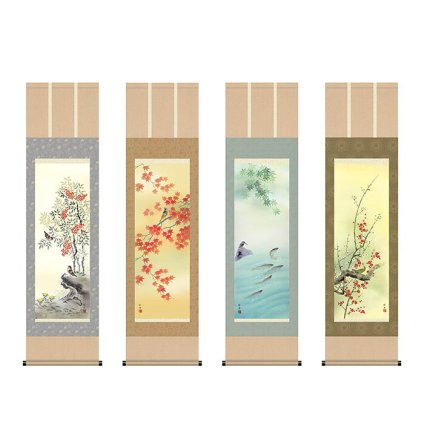 掛軸 「四季花鳥揃」 田村竹世筆 尺五 [ 選べるカラー 掛軸 掛け軸 尺五 画寸/42x110cm 四季花鳥揃 四季 田村竹世 収納箱 10年保証 受注生産 和室 和 床の間 和風 新築 落成 お祝い 御祝 贈答 贈り物 日本製 送料無料 ]