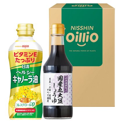 日清オイリオ ヘルシーオイル&国産丸大豆醤油ギフト  ／セット・詰め合わせ 油 調味料 食品 お中元 御中元 ギフト 暑中 残暑 お盆 初盆 新盆 お供 御供 ギフト 2026 送料無料 ギフト プレゼント プチギフト 内祝い 快気祝い 出産祝い 結婚祝い 引出物 新築祝い お返し