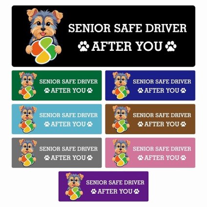 カーサイン 高齢者マーク SENIOR SAFE DRIVER ヨークシャーテリア ステッカー シール 長方形 15x5cm 肉球 日本製 車
