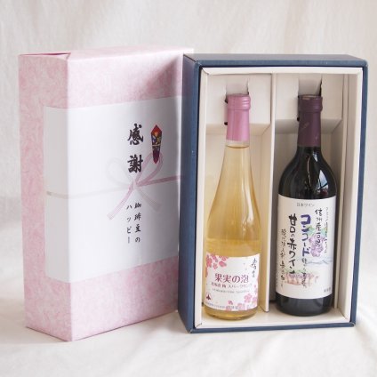感謝の贈り物ボックス梅スパークリングと国産ワインセット(酸化防止剤無添加 信州コンコード赤ワイン 甘口(長野県)720ml果実の泡 北海道梅スパークリング500ml