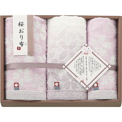 桜おり布 フェイスタオル ウォッシュタオル 3枚セット パープル [26-7533-064] IS9625PU タオルギフト 綿100パーセント 日本製 さくら柄 和風 挨拶 内祝い 出産 快気 香典返し 御祝 お返し
