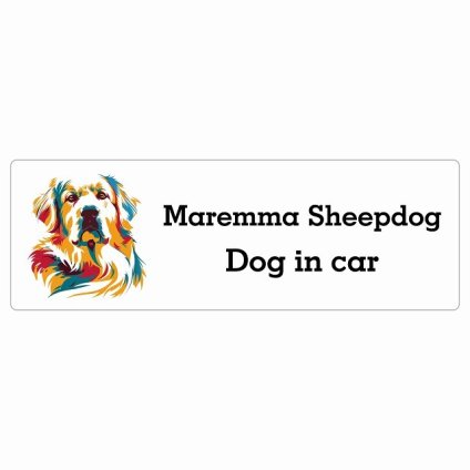 名入れ可 Dog in Car Maremma Sheepdog マレンマシープドッグ Eタイプ サインステッカー シール 長方形 15x5cm 防水 屋内 屋外 セーフティサイン 安全対策 車用 安全運転 煽り運転対策 安全対策 カラフル ポップアート風 イラスト カーサイン