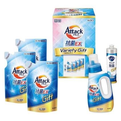 実りの秋の贈り物 アタック抗菌EXバラエティーギフト 花王 セット内容/アタック抗菌EX詰替用（590g）×3、アタック抗菌EX（750g）･キュキュットクリア除菌（220ml）×各1