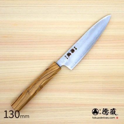 ステンレスペティナイフ　130mm 銀三 梨地仕上げ オリーブ八角柄 日本製 徳蔵刃物 【TOKUZO KNIVES】 JAPAN Kitchen Knives 包丁 切れ味 家庭用 万能 錆に強い 両刃 プレゼント ギフト 贈り物 一生モノ
