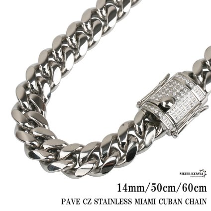 ステンレス 幅14mm 喜平ネックレス ブリンブリン 差し込み式 二重ロック 喜平チェーンネックレス 50cm 60cm パヴェCZダイヤ HIPHOP ヒップホップ