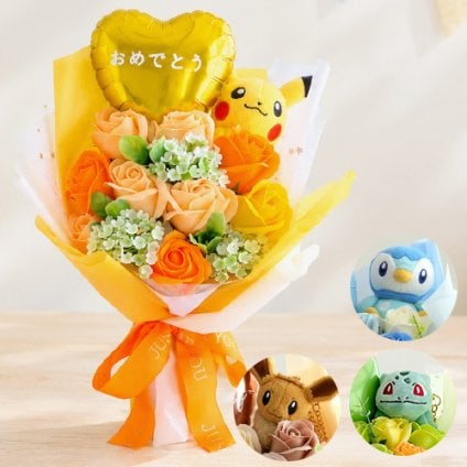 ポケットモンスター ソープフラワーバルーンブーケ｜誕生日 発表会 卒園祝い 入園祝い 卒業祝い 入学祝い 男の子 女の子 子どもポケモン ピカチュウ イーブイ メタモン フシギダネ ヒトカゲ ゼニガメ ポッチャマ プリン ミュウ ぬいぐるみ マスコット 花束 メッセージ入り プレゼント ギフト 贈り物 お祝い