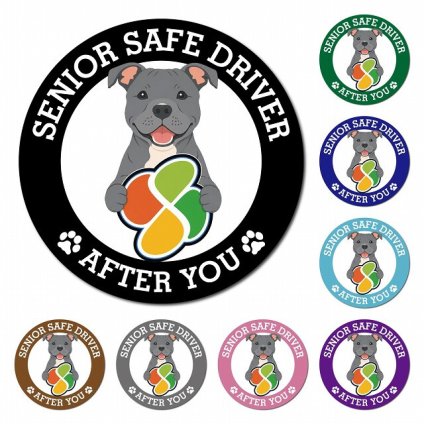カーサイン 高齢者マーク SENIOR SAFE DRIVER スタッフォードシャーブルテリア マグネット 強力 直径13cm 肉球 日本製 車 ステッカー