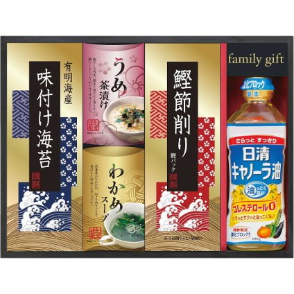 日清オイリオ [26-7599-023] NSO-25A 食卓詰合せ 調味料 ギフト キャノーラ油 味付海苔 うめ茶漬け わかめスープ 鰹節 詰め合わせ 内祝い 出産内祝い 結婚内祝い お返し プレゼント 贈り物
