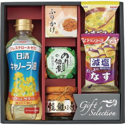 食卓バラエティギフト キャノーラ油 [26-2903-050] 減塩おみそ汁 たまごスープ 鮭ほぐし のり佃煮 さけふりかけ 詰め合わせ お返し 内祝い お祝い お歳暮 お中元 御礼