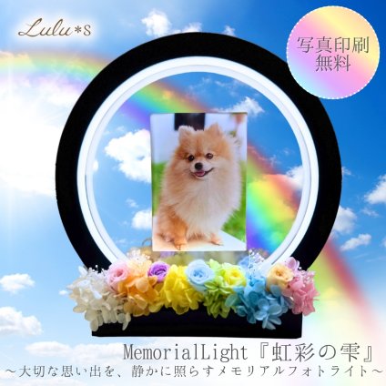 【虹の彼方へ想いを届ける】 ペット メモリアルライト 虹彩の雫 写真立て LED フォトスタンド 手元供養 プリザーブドフラワー 犬 猫 うさぎ お悔やみ 慰め 贈り物 ルルズ Lulu＊s 0789