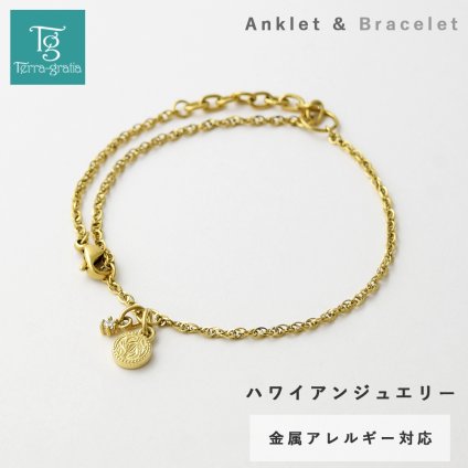 ハワイアンジュエリー ハワイアン アンクレット ブレスレット 2way レディース ステンレス キュービックジルコニア 金属アレルギー対応 サージカルステンレス つけっぱなし イエローゴールドカラー テラグラティア Terra-gratia LadiesAnklet LadiesBracelet【gnkss18yg】単品