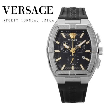 ヴェルサーチェ 腕時計 メンズ ブラック シルバー ゴールド クロノグラフ 44mm VERSACE SPORTY TONNEAU GRECA スポーティ トノー グレカ 黒 レザー 革ベルト スイス製 高級 ブランド プレゼント ギフト 卒業 入学 お祝い