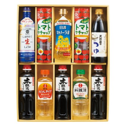実りの秋の贈り物 キッコーマン&調味料バラエティセット サンビシ本醸造しょうゆ（500ml）×3、イカリなめらかトマトケチャップ（280g）×2、伊賀越天然蔵のつゆ（500ml）･キッコーマンいつでも新鮮しぼりたて生しょうゆ（450ml）･日の出（料理酒･割烹みりんタイプ