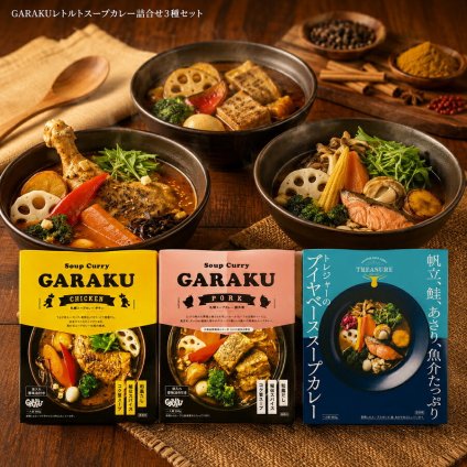 メーカー直送 GARAKUレトルトスープカレー詰合せ3種セット 26-6018-29 贈答品 自宅用 プレゼント 人気  お誕生日 レンジで簡単！札幌の人気店GARAKUと系列店のTREASUREの味を忠実に再現しました。和風だしを効かせたコク旨スープカレーをぜひご賞味ください お中元 お歳暮