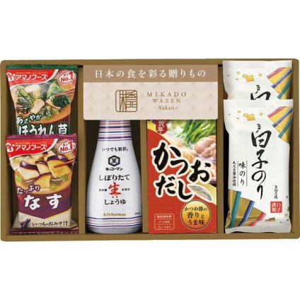 味香門和膳 ゆかり 調味料 [26-2704-014] ギフト セット キッコーマン 生しょうゆ しぼりたて 白子のり 味のり かつおだし アマノフーズ おみそ汁 フリーズドライ 詰め合わせ ご家庭で重宝する バラエティ豊かな 食品 毎日 重宝する 返礼品 内祝い お返し お祝い
