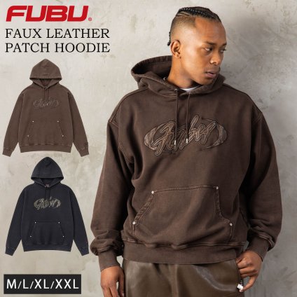 FUBU フブ パーカー メンズ レディース fam-62704 フェイクレザー パッチ フーディー プルオーバー スウェット ウォッシュ加工 ビッグシルエット ストリート ヒップホップ ダンス カジュアル トップス M L XL XXL 2026FW Karlas
