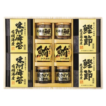 実りの秋の贈り物 美味之誉 詰合せ セット内容/焼きのり入佃煮（85g）･まぐろ油漬け（70g）･北海道産鰊フレーク（50g）･鹿児島県産鰹節（2g×3）･有明海産味附海苔（8切10枚入）×各2