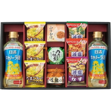 食卓バラエティギフト キャノーラ油 [26-2903-076] 減塩おみそ汁 たまごスープ 鮭ほぐし のり佃煮 さけふりかけ 詰め合わせ お返し 内祝い お祝い お歳暮 お中元 御礼