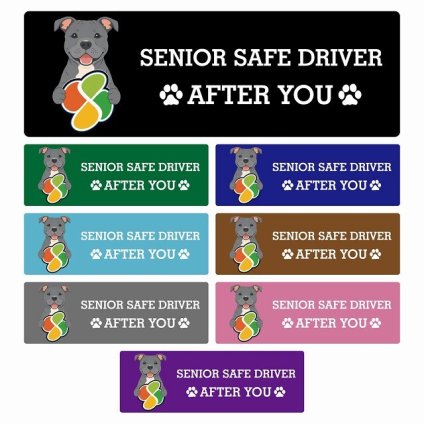 カーサイン 高齢者マーク SENIOR SAFE DRIVER スタッフォードシャーブルテリア ステッカー シール 長方形 15x5cm 肉球 日本製 車