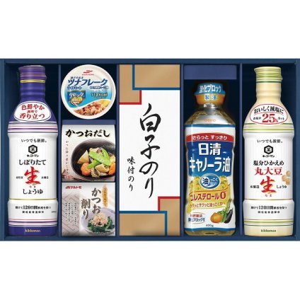 キッコーマン [26-7604-042] GK-502 生しょうゆ 詰合せギフト 調味料 ギフト かつおだし かつおパック ツナ缶 白子のり味のり キャノーラ油 内祝い 出産内祝い 結婚内祝い お返し プレゼント 贈り物