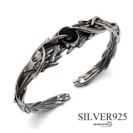 シルバー925 オニキスバングル メンズ 腕輪 一粒 シルバーバングル 銀 silver フェザーバングル アンティーク 燻し 金属アレルギー対応 ブレスレット 男性