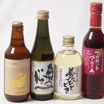 夢のひとときとハーフサイズ4本セット(奥の松 純米大吟醸スパークリング（福島県） 井上酒造 麦焼酎夢のひととき25度（大分県） シャンモリワイン 山梨県産マスカットベーリーAライトボディ（山梨県） 金しゃちビールプラチナエール(愛知県)) 290ml×1