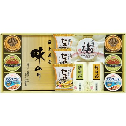 香味彩々 [26-2905-087] NK-1003 大森屋 味のり 静岡煎茶 静岡深蒸し茶 紀州南高梅 貝柱水煮 紅ずわいがに ツナ缶 たまごスープ 和食 朝食 詰め合わせ 常温 保存食 お歳暮 お中元 ギフト プレゼント 内祝い