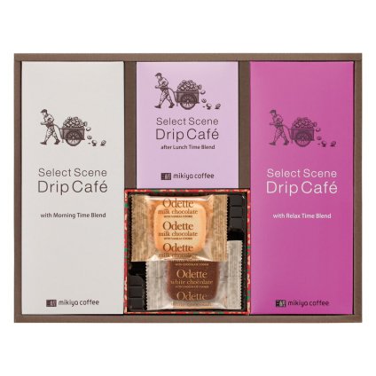 実りの秋の贈り物 セレクトシーンドリップコーヒー&モロゾフ焼菓子詰合せ 三喜屋珈琲 モーニングタイムブレンド･リラックスタイムブレンド（各10g）×各6、ランチタイムブレンド（10g）×3、モロゾフオデットミニ缶（5個入）×1