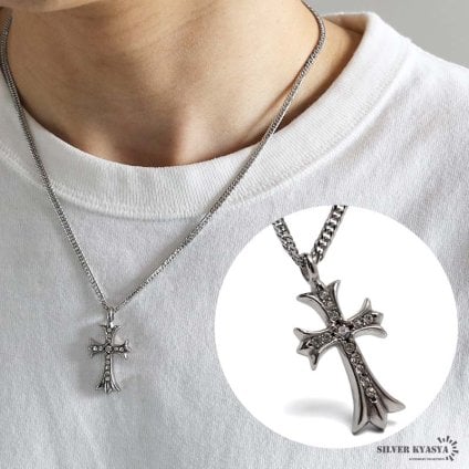 ステンレス クロスネックレス シルバー キラキラ 十字架 ペンダント ダブル喜平ネックレス ストーン 50cm 60cm メンズ 男性 金属アレルギー対応