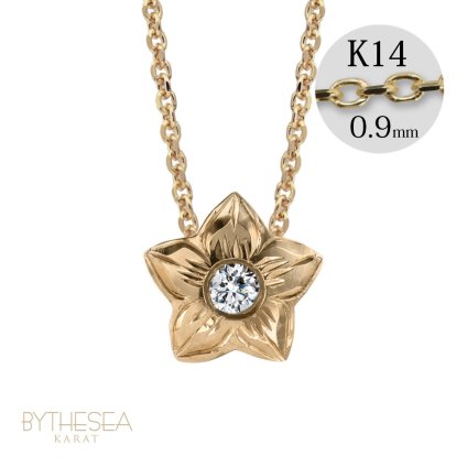 ハワイアンジュエリー ダイヤモンド イエローゴールド ネックレス プルメリア スターフラワー 14K K14 一粒ダイヤモンド 鑑定書付 14k カットあずきチェーン太0.9mm ギフトラッピング可能 彼女 妻 女性 レディース プレゼント ハロウィン 【品番：CG-GP102-CH123】