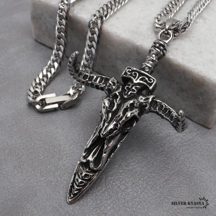 ステンレス ソードネックレス バッファロースカル シルバー ダブル喜平チェーンネックレス 幅6mm 長さ50cm 60cm ホラー 骨 剣 中折式 メンズ 男性 お洒落 人気 トレンド 流行り 金属アレルギー対応 ペンダント