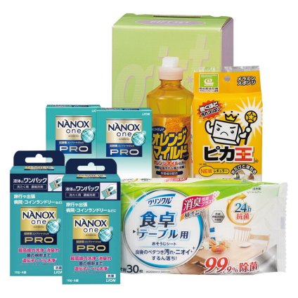 実りの秋の贈り物 クリーンランドリー&キッチンセット ライオンNANOX one PRO（10g×6袋）･ライオンNANOX one PRO（10g×2袋）×各2、オレンジマイルドコンパクト（270ml）･ワコーピカ王（レギュラー）･クリンクル食卓テーブル用シート30枚入