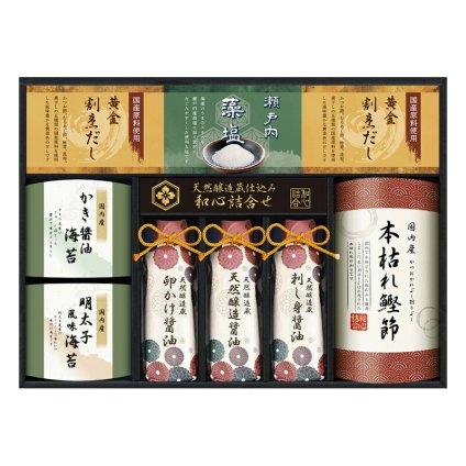 実りの秋の贈り物 天然醸造蔵仕込み 和心詰合せ 伊賀越 黄金割烹だしパック（8g）×4、本枯れ鰹節（2g）×3、牡蠣醤油海苔･明太子風味海苔（各8切6枚）･天然醸造蔵仕込み卵かけ醤油･天然醸造蔵仕込み刺し身醤油･天然醸造蔵仕込み天然醸造醤油（各200ml）･瀬戸内藻塩（5