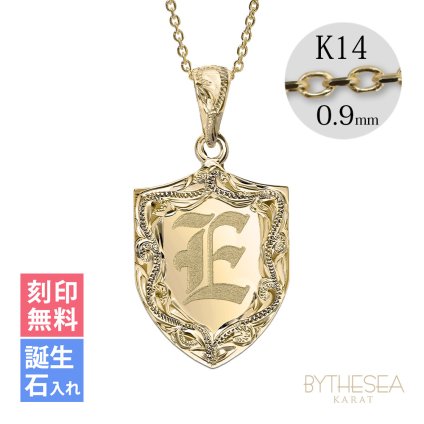 ゴールド ネックレス ハワイアンジュエリー ネックレス イニシャル イエローゴールド ネックレス 刻印 無料 誕生石入れ可 エンブレム型 イニシャル 14k k14カットあずきチェーン太0.9mm ギフトラッピング可能 プレゼント ハロウィン 【品番：CG-GP111-CH123】