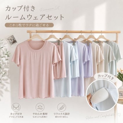 カップ付き ルームウェア レディース 上下セット 半袖 パジャマ 夏 モダール風 冷感 ゆったり 部屋着 ナイトウェア ショートパンツ パッド付き