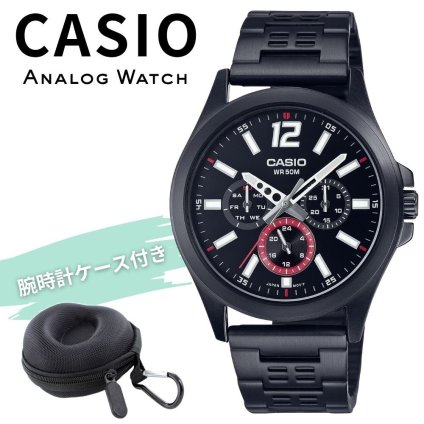 希少デザイン カシオ 腕時計 メンズ ブラック レッド 希少デザイン CASIO 海外モデル アナログ 曜日 日付 24時間計 50m防水 メタル ステンレス スポーツ プレゼント ギフト 収納ケース付き 成人 卒業 入学
