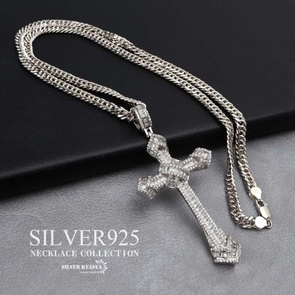 シルバー925 クロスネックレス ブリンブリンネックレス ダブル喜平チェーンネックレス 細め クリアストーン HIPHOP B系 十字架 メンズ 男性 お洒落 人気 トレンド 流行り 金属アレルギー対応 父の日 ペンダント
