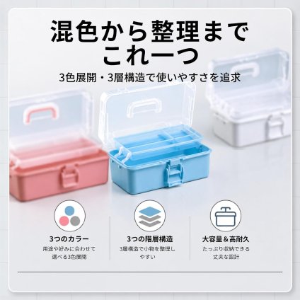 収納ボックス 3段トレー付き ツールボックス 持ち手付き 小物収納ケース 卓上オーガナイザー 多機能整理ケース ハンドメイド用品 文具 パーツ収納 3色展開 LB0H6W3241M