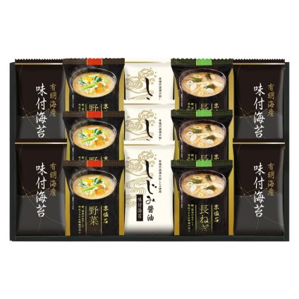 実りの秋の贈り物 マルコメフリーズドライみそ汁&有明海産味付海苔セット セット内容/有明海産味付海苔（8切8枚）×4、しじみ醤油味付海苔（8切8枚）･マルコメ京懐石おみそ汁（野菜（17.4g）･長ねぎ（15.7g））×各3