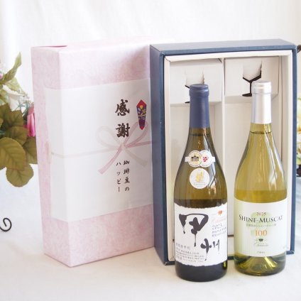 感謝の贈り物ボックス 山梨県甲州種ぶどう100%使用白ワインと国産ワインセット(シャインマスカット100白ワイン やや甘口(山梨県)750mlシャンモリ柑橘香御坂甲州白ワイン(山梨県)750ml