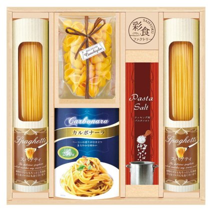 実りの秋の贈り物 味わいソースで食べるパスタセット 彩食ファクトリー スパゲティ（130g）×2、パスタソース（カルボナーラ2人前）（250g）･マカロニ（コンキリエ）（70g）･パスタソルト（100g）×各1